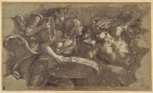 A Vestal Tuccia com a peneira (caneta e tinta marrom com lavagem marrom sobre papel) de Giulio Romano