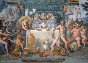O banquete nobre que celebra o casamento de Cupido e Psique, detalhe mostrando Dionísio e Sileno à direita de uma mesa que leva o serviço de jantar, da Sala di Amore e Psiche, 1528