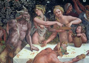 Duas flores espalhadas Horae, observadas por dois sátiros, detalhe do banquete rústico celebrando o casamento de Cupido e Psique da Sala di Amore e Psiche, detalhe afresco 1528 de 78427 de Giulio Romano