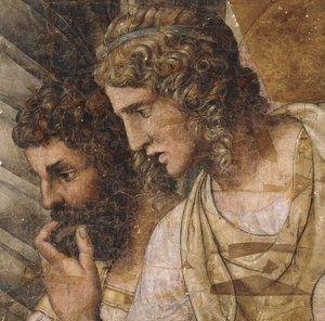 Dois homens, busto, olhando para baixo: um desenho animado para uma tapeçaria, de Giulio Romano
