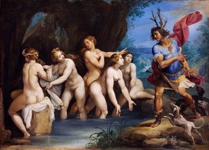 Diana e Actaeon - Pintura de Giuseppe Cesari (1568-1640), óleo sobre cobre, cerca de 1604, 50x69 cm - Diana e Actaeon, Óleo sobre cobre de Giuseppe Cesari - Szepmuveszeti Muzeum, Budapeste