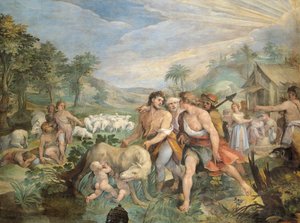 Rômulo e Remo, amamentados por um lobo, encontrado por Faustulus nas margens do Tibre, por Giuseppe Cesari (1568-1640), afresco, Salão dos Horácios e Curiácios, Palácio dos Conservatórios, Roma, Reino Romano, Itália