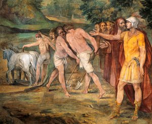 Rômulo marcando os limites de Roma, de Giuseppe Cesari (1568-1640), afresco, Salão dos Horácios e Curiácios, Conservatórios do Palácio, Roma, Reino Romano, Itália