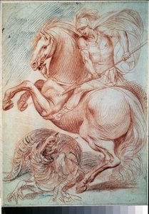 ""Saint George Slaying The Dragon"" (São Jorge e o Dragão) Desenho Sanguíneo de Giuseppe Cesari (1568-1640) Museu Pushkin do século XVII, Moscou de Giuseppe Cesari