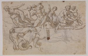 Cavalos-marinhos, tritões e putti montando golfinhos de Giuseppe Alabardi