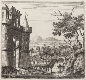 Paisagem com um castelo e uma ponte levadiça