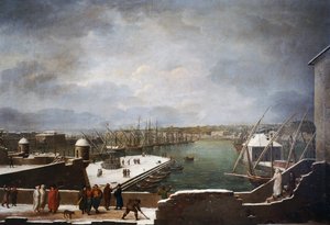 Vista do porto de Génova na neve de Giuseppe Bacigalupo