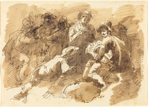 Uma reunião de convívio com um homem tocando uma Hurdy-Gurdy de Giuseppe Bernardino Bison