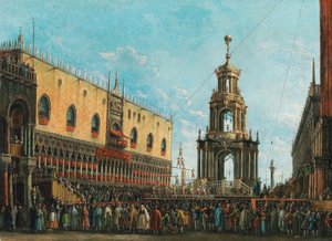 O Festival Giovedì Grasso em frente ao Palácio Ducal em Veneza, 1830s.