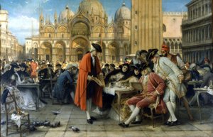 O pintor Francesco Guardi vende os seus quadros em frente ao café Florian. 1892. Pinturas de Giuseppe Bertini. Galleria d