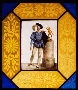 O escultor Mauro Gandolfi vestido como Giambologna por Giuseppe Bertini (1825-1898), vidro pintado a fogo 49x42 cm, Itália