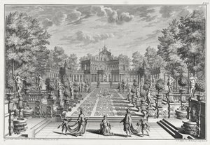 Cenário para uma ópera em um jardim, de Architectus Theatralis Primarius, gravado por Johann Andreas Pfeffel (1674-1748), publicado em 1740 de Giuseppe Bibiena