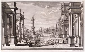 Pequeno porto com colunas de estilo barroco, de &39;Architectus Theatralis Primarius&39;, publicado em 1740 de Giuseppe Bibiena