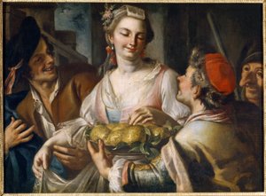 Carnaval. Cena de uma festa popular em Veneza, um jovem oferece uma bandeja de fruta a uma jovem que pega numa maçã, rodeada de personagens, uma das quais tem uma máscara grotesca da commedia dell