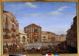 Visita de Napoleão I a Veneza de 28 de Novembro a 8 de Dezembro de 1807: O Imperador que preside as regatas no Grande Canal a partir da varanda do Palácio Baldi, chega da corrida, 2 de Dezembro de 1807 Pintura de Giuseppe Borsato (1771-1849). 1807 Sol. 0,6