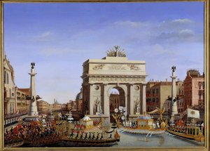 Visita de Napoleão I a Veneza de 28 de Novembro a 8 de Dezembro de 1807: entrada do Imperador em gôndola na Procissão do Grande Canal das gôndolas. Pintura de Giuseppe Borsato (1771-1849) Sol do século XIX. 0,65x0,90 m. - Visita de Napoleão a Veneza, de 28