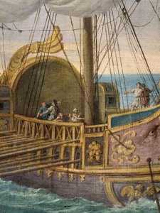 Santa Paula (Santa Paula Romana, 347-406,) partindo para a Terra Santa, pormenor da barca. Viúva aos 33 anos, seguiu São Jerónimo e partiu com a sua filha Santa Eustóquia em peregrinação com ele, em 385, aos Lugares Santos. Pintura de Giusep