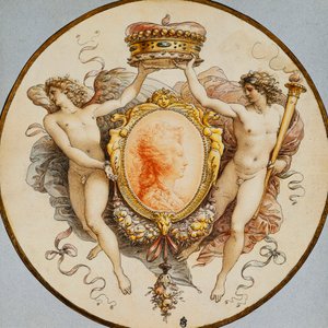 Um retrato oval de uma mulher de perfil, com uma borda decorativa de grotescos e ganhos, com figuras alegóricas ladeando da fama e da vitória segurando uma coroa,
