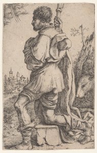 São Roque, ajoelhado sobre uma pedra, visto de lado com seu cachorro atrás dele..., 1620-30.