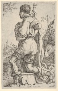 Saint Roch, ajoelhado em uma pedra, visto de lado com seu cachorro atrás dele e uma cidade ..., 1620-30.