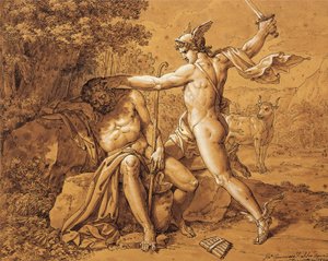 Itália, Mercúrio matando Argus para salvar a Ninfa (Mercurio uccide Argo per salvare la ninfa) por Giuseppe Cammarano (1766-1859) dado pelo artista a Gaetano Donizetti, desenhando