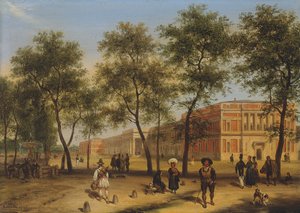 Vista presumida do Paseo del Prado com o Museu do Prado, Madri, 1827 de Giuseppe Canella