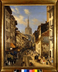 Vista da Corsia dei Servi (atual Corso Vittorio Emanuele) em Milão. Pintura de Giuseppe Canella (1788-1847) 1834 Milão, Museu de Milão