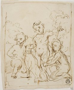 Três Putti e um cão numa paisagem