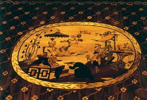 Cena de inspiração chinesa, detalhe de escrivaninha de Giuseppe Maggiolini (1738-1814) com incrustações de design de Giuseppe Levati (1739-1828), doada pelo Arquiduque Ferdinand à Imperatriz Maria Teresa da Áustria, Itália