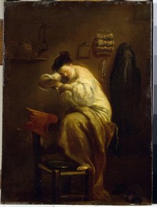 Mulher à procura de pulgas. (Mulher procurando por pulgas). Pintura de Giuseppe Maria Crespi (1665-1747), óleo sobre tela, por volta de 1710. Arte italiana (Bolonha) de Giuseppe Maria Crespi