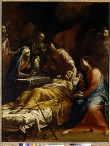 Morte de São José (Morte de São José). Velho deitado em seu leito de morte, cercado pela Virgem Maria, Jesus Cristo abençoando-o e anjos. Pintura de Giuseppe Maria Crespi conhecido como Lo Spagnolo (1665-1747), óleo sobre tela, por volta de 1712. Arte ital
