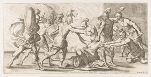 Os gregos arrastam Cassandra do templo
Crinibus : à templo trahitur priamea Virgo (título sobre o objecto)
A vagueação de Enéas (título da série)
L