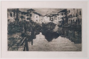 O Canal do Mercado de Peixes em Chioggia (gravura em papel branco)