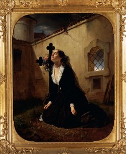 Lamentando a perda de um ente querido ou esposa do Coronel Manara no túmulo do marido, por Giuseppe Molteni (1800-1867), óleo sobre tela
