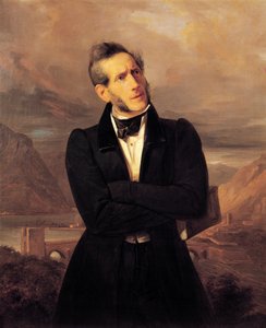 Retrato de Alessandro Manzoni com vistas de Lecco, pintura de Giuseppe Molteni (1800-1867), paisagem pintada por Massimo d