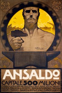 Trabalhador com martelo e bigorna, cartaz de Ansaldo de Génova para a subscrição de novas acções