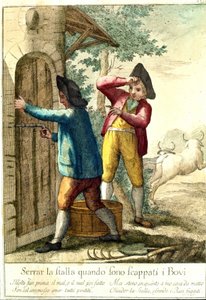 "Não vale a pena fechar o estábulo quando os cavalos tiverem fugido." Gravura do século XVIII a ilustrar uma série de provérbios. Giuseppe Piattoli (1740/50-1818) de Giuseppe Piattoli