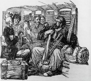 Tartarin numa carruagem para Tartarin nos Alpes por Alphonse Daudet, Milão de Giuseppe Porcheddu
