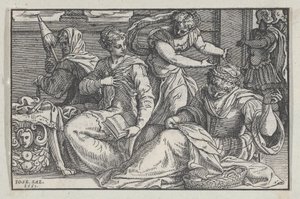 Lucretia instruindo suas filhas em bordado, 1557. de Giuseppe Porta