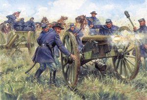 Guerra Civil Americana: Soldados do Norte (União) usando uma arma durante uma batalha - Ilustração de Giuseppe Rava de Giuseppe Rava