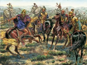 Roma Antiga: revolta de Amsicora (Hampsicora ou ampsicora) (século III a.C.) Cartaginês latifundista contra o poder romano em 215 a.C. - Roma Antiga: Rebelião de Ampsicora contra Roma em 215 a.C. - Ilustração de Giuseppe Rava de Giuseppe Rava