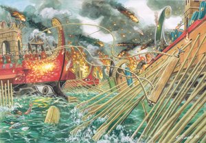 Roma Antiga: a batalha de Áccio travada entre as forças de Octávio e as forças combinadas de Marco António e Cleópatra VII em 2 de setembro de 31 a.C. - Ilustração de Giuseppe Rava