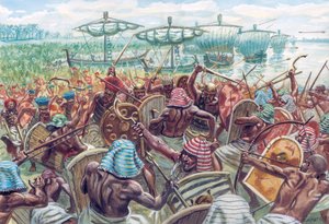 Egipto antigo: a Batalha do Delta foi uma batalha marítima entre o Egipto e os Povos do Mar, cerca de 1175 a.C., quando o faraó egípcio Ramsés III repeliu uma grande invasão marítima - Ilustração de Giuseppe Rava de Giuseppe Rava