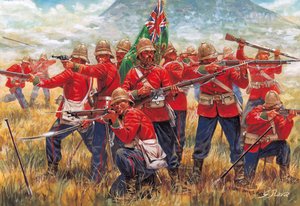 Guerra Anglo-Zulu: soldados do Império Britânico na Batalha de Isandhlwana (Isandlwana ou Isandula) na África do Sul, 22/01/1879 - Guerra Anglo-Zulu: soldados do Império Britânico, Batalha de Isandlwana em 22 de janeiro de 1879 - Ilustração de Giuseppe Rav de Giuseppe Rava
