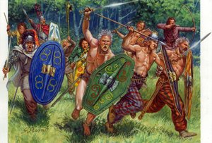 Antiguidade: a carga dos guerreiros gauleses, à esquerda num ponto - Guerreiros gauleses em carga, um deles à esquerda usa uma cota de malha - Ilustração de Giuseppe Rava