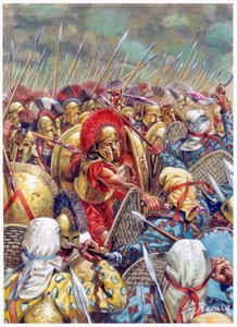 Batalha das Termópilas: O exército espartano comandado por Leónidas I lutando ao lado dos gregos contra os persas em 480 a.C. (Guerras Persas/Batalha das Termópilas 480 a.C. - (O rei espartano Leónidas e os seus homens caem na batalha) - Ilustração de Gius