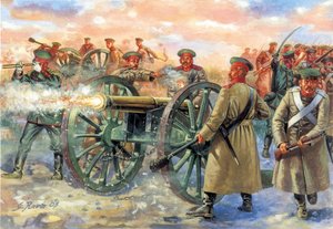 Guerra da Crimeia: Senhor da artilharia russa na Batalha de Balaclava em 25/10/1854 - Guerra da Crimeia: soldados russos durante a Batalha de Balaclava travada em 25 de outubro de 1854 - Ilustração de Giuseppe Rava de Giuseppe Rava
