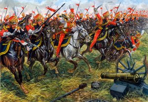 Primeiro império: 2º regimento de lanceiros a cavalo da Guarda Imperial de Napoleão I na Batalha de Waterloo 18/06/1815 - Primeiro império: 2º regimento de lanceiros de cavalaria ligeira da Guarda Imperial de Napoleão I em Waterloo a 18 de junho de 1815 -  de Giuseppe Rava