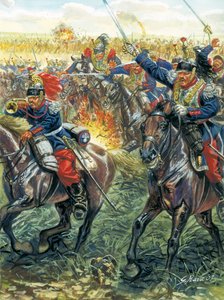 Guerra franco-alemã de 1870 (franco-prussiana): carga de navios de guerra franceses na batalha de Froeschwiller Woerth (Froeschwiller-Woerth) em 6/08/1870 - Guerra franco-prussiana: batalha de Worth (Reichshoffen ou Froschweiler) (1870): Ataque da cavalari de Giuseppe Rava