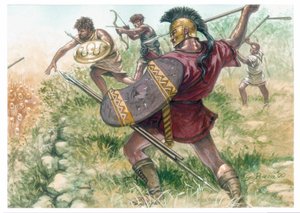 Reino de Macedo: soldados da infantaria ligeira - Macedónia (antigo reino): soldados da infantaria ligeira - Ilustração de Giuseppe Rava de Giuseppe Rava